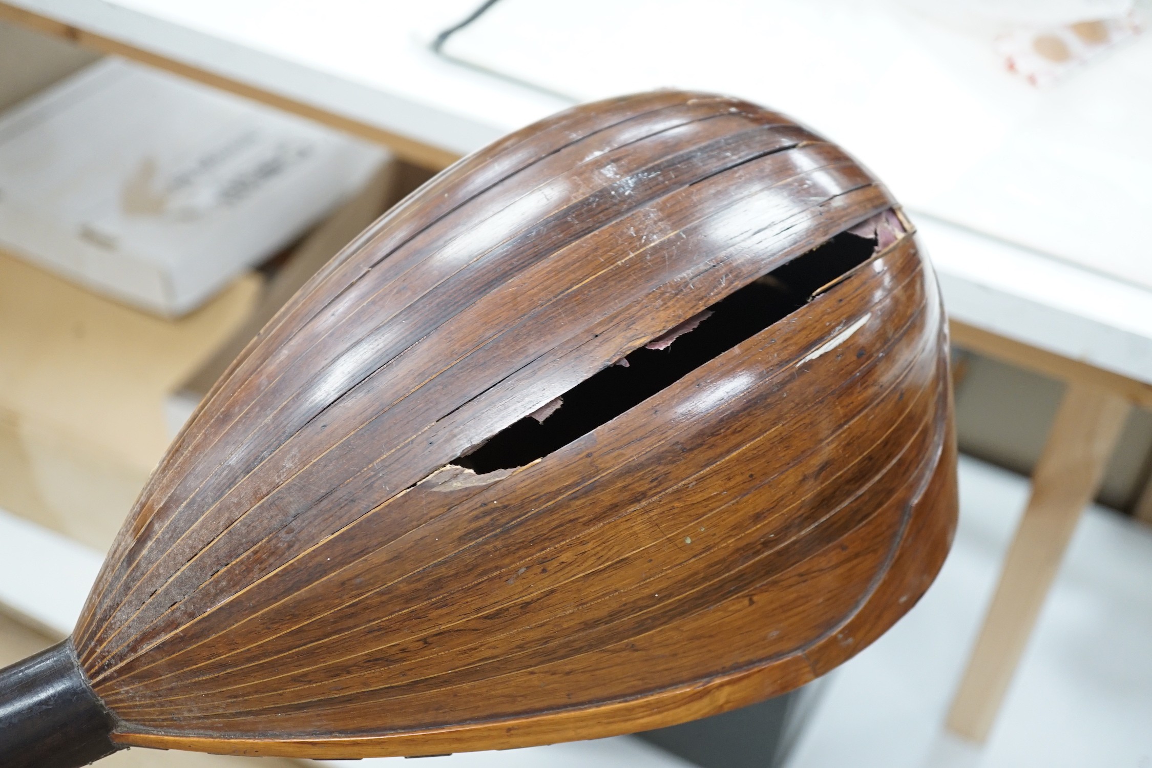 An Italian balloon back mandolin with tortoiseshell overlay, circa 1900, label for Pietro Tonelli of Napoli together with a violin, interior hand label reads ‘A.J. Newland London SW12 1939’ length of violin back excludin